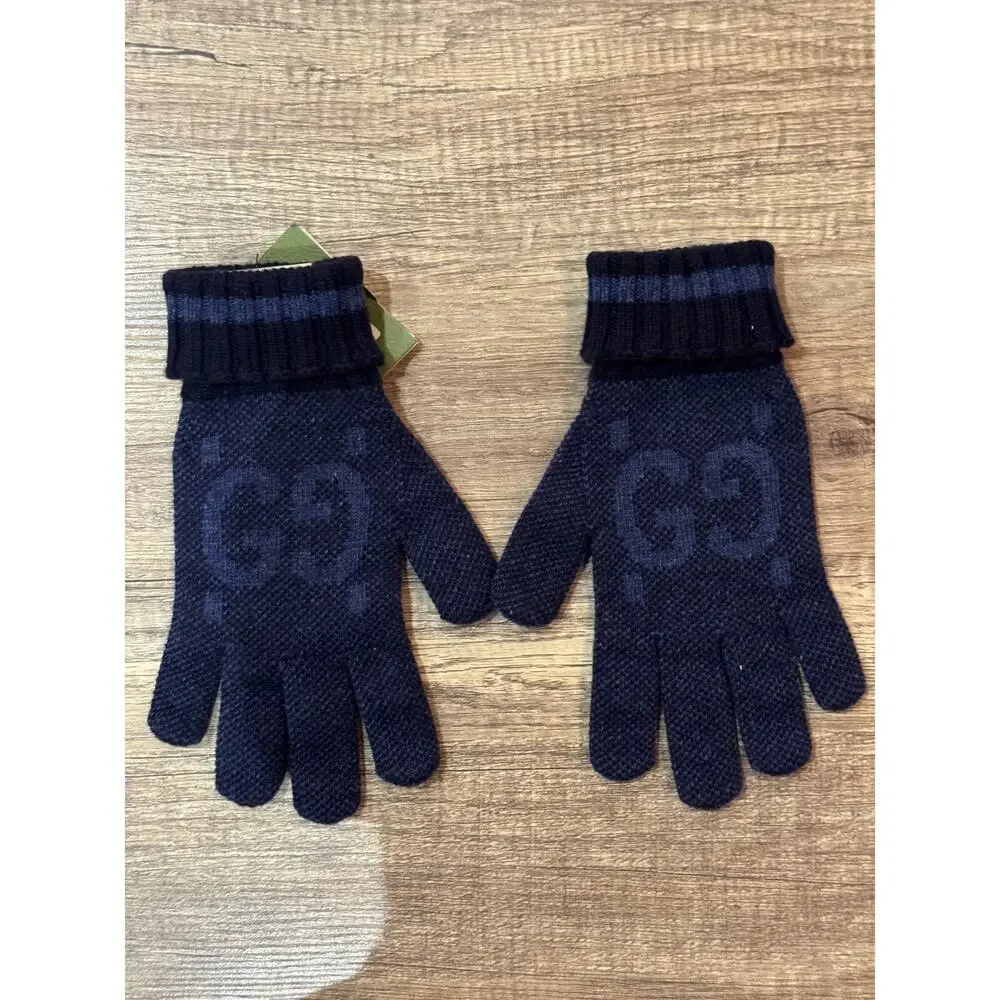 GUCCI Blue Logo-Jacquard Cashmere Gloves NWT size medium